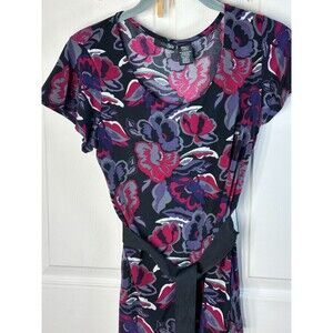 East 5th Blouse Women's Small Purple Pink Floral with Black Belt Cap Sleeves